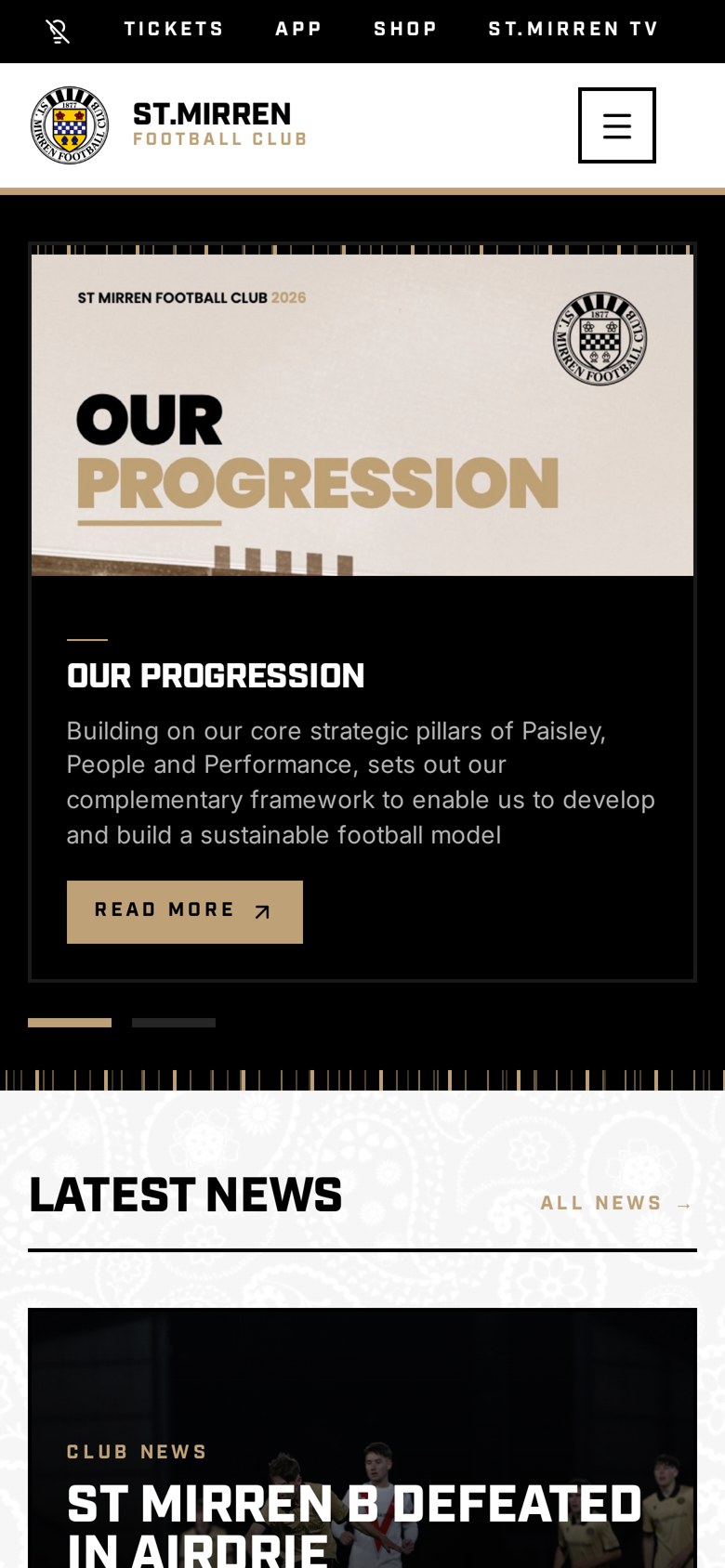 The St Mirren FC website we built, shown on an iPhone